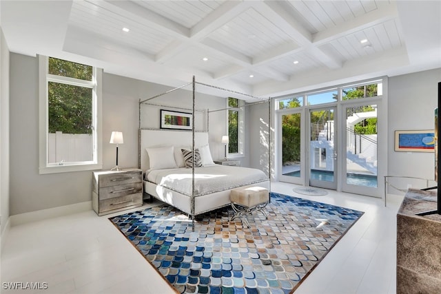 bedroom with beamed ceiling, hardwood / wood-style flooring, access to outside, and coffered ceiling