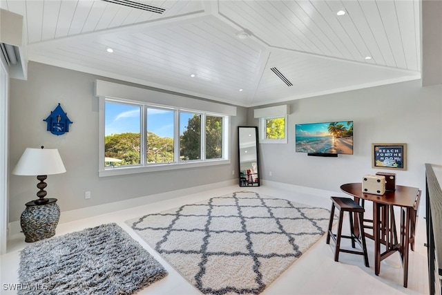 interior space with wood ceiling and vaulted ceiling