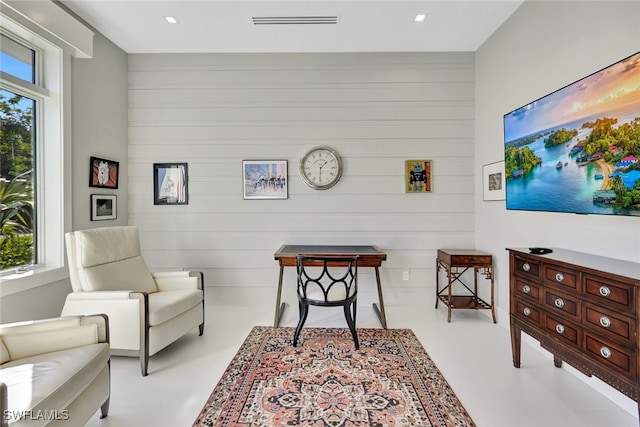 sitting room featuring a wealth of natural light and wooden walls