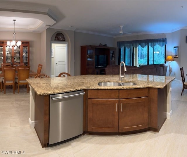 kitchen with light stone countertops, dishwasher, sink, crown molding, and decorative light fixtures