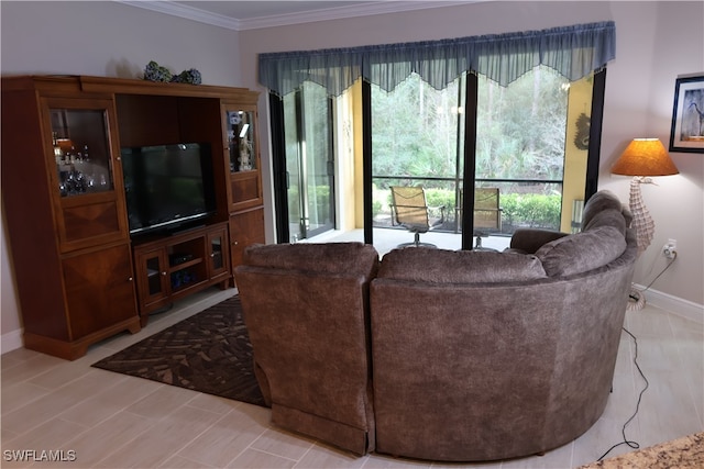 living room featuring crown molding