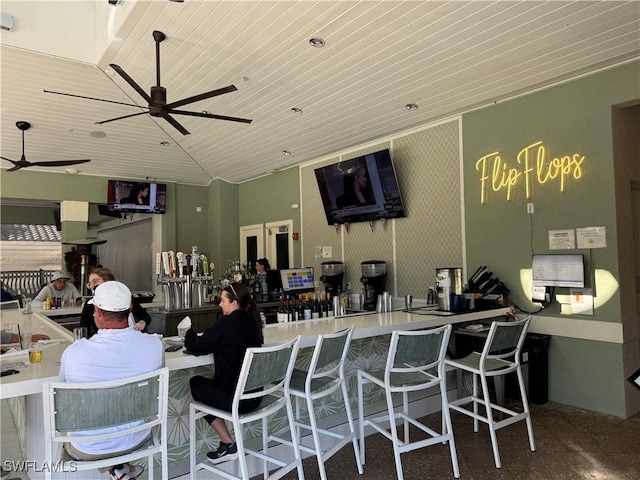 bar with ceiling fan and wood ceiling