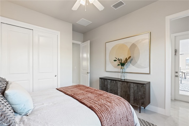 bedroom featuring a closet and ceiling fan