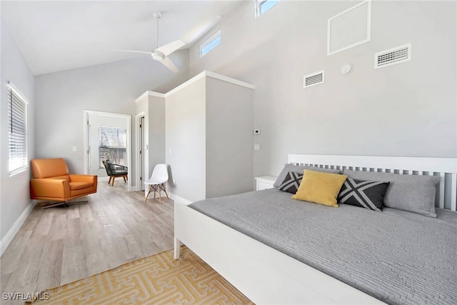 bedroom featuring light hardwood / wood-style floors, high vaulted ceiling, multiple windows, and ceiling fan