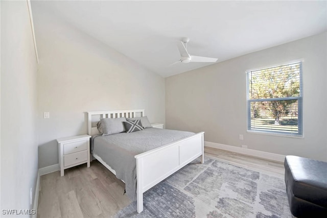 bedroom featuring ceiling fan and light wood-type flooring