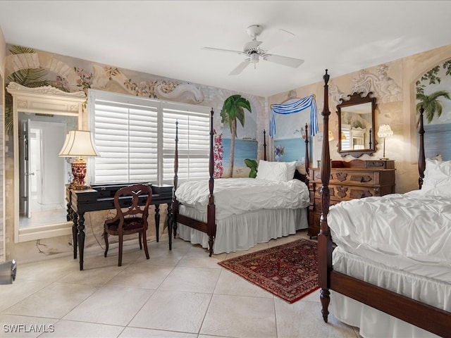 bedroom with light tile patterned floors and ceiling fan