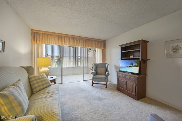 carpeted living room featuring a textured ceiling