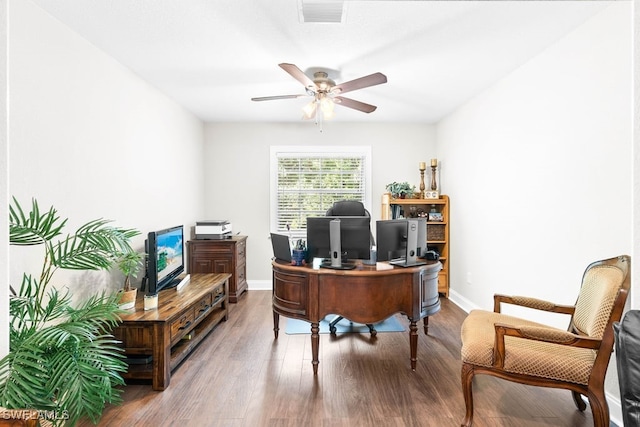 home office featuring ceiling fan and wood-type flooring