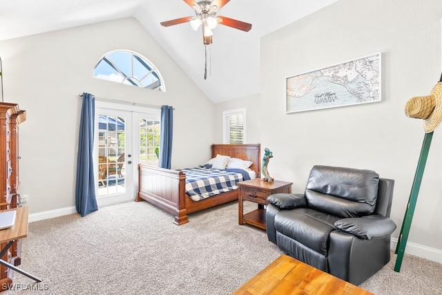 carpeted bedroom featuring ceiling fan, access to exterior, multiple windows, and french doors