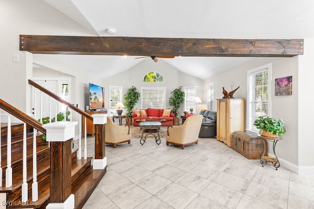 living room featuring vaulted ceiling with beams and ceiling fan