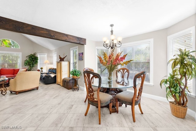 tiled dining area with a notable chandelier and vaulted ceiling with beams