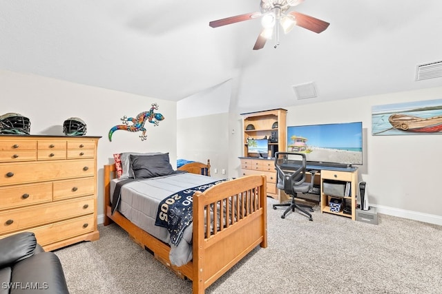 bedroom with ceiling fan and light carpet