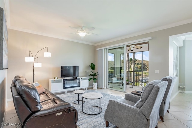 living room featuring light tile patterned floors, ornamental molding, and ceiling fan