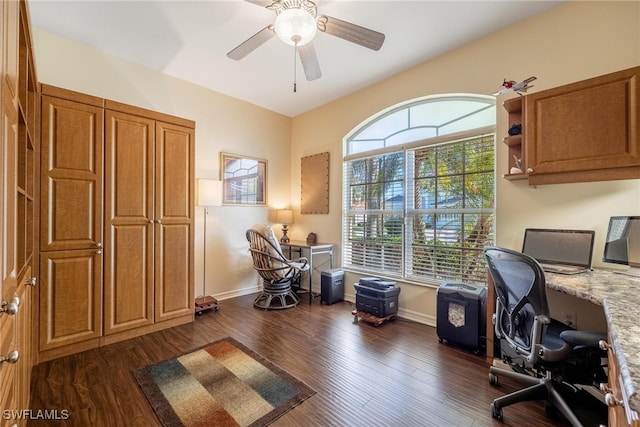 office with ceiling fan and dark wood-type flooring