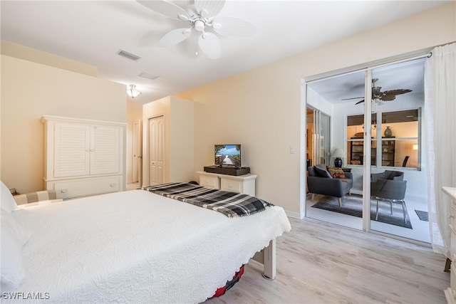 bedroom featuring light hardwood / wood-style flooring and ceiling fan