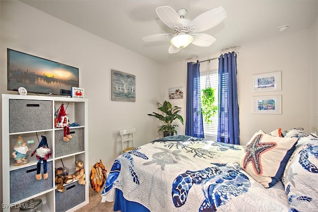 carpeted bedroom with ceiling fan