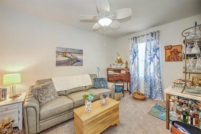 living room with ceiling fan and light carpet