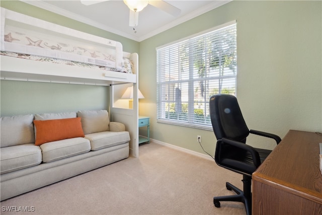 office area featuring ceiling fan, crown molding, and light carpet