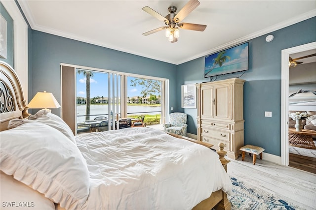 bedroom featuring access to outside, ceiling fan, ornamental molding, and hardwood / wood-style flooring