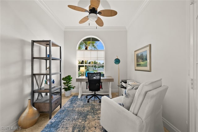 office area with ceiling fan and ornamental molding