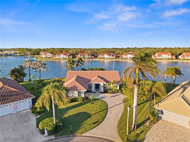 aerial view featuring a water view