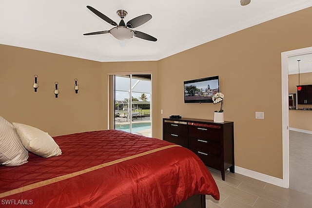 bedroom featuring access to outside and ceiling fan