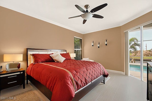 bedroom featuring access to outside, ceiling fan, and crown molding