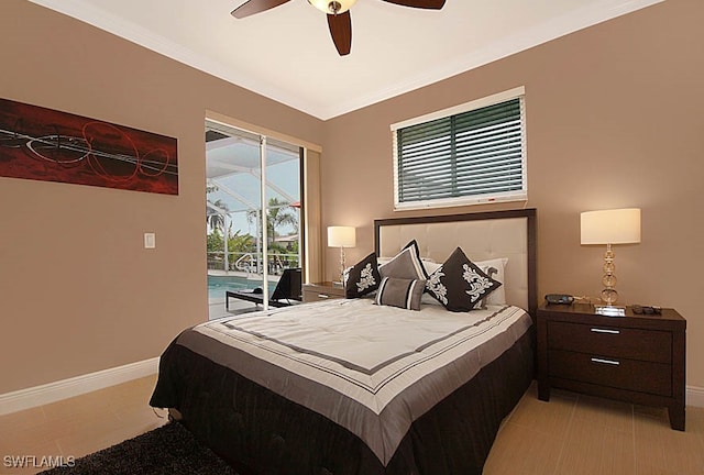 bedroom with ceiling fan, ornamental molding, and access to outside