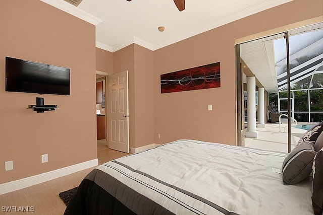 bedroom with ceiling fan, crown molding, and access to outside