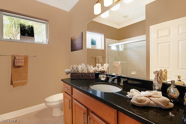 bathroom with toilet, plenty of natural light, a shower with shower door, and tile patterned flooring