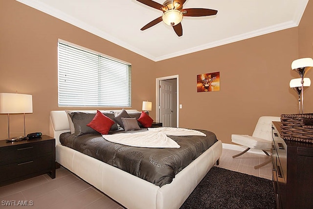 bedroom featuring ceiling fan and ornamental molding