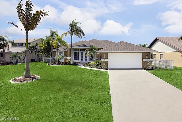 single story home with french doors, a front lawn, and a garage