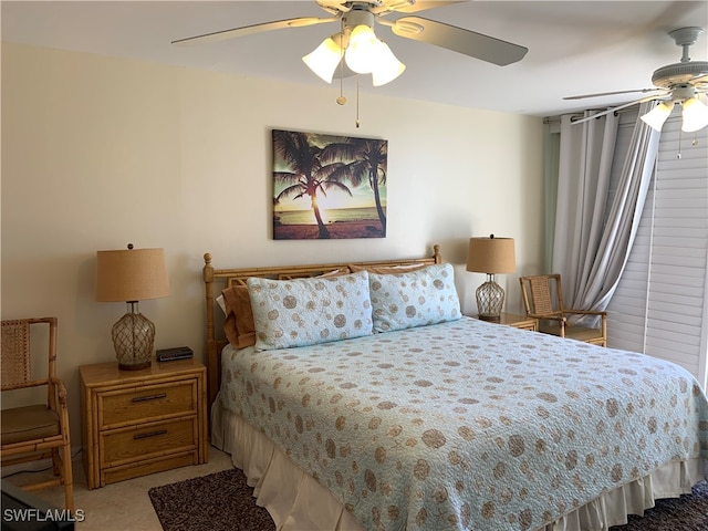 bedroom with light carpet and ceiling fan