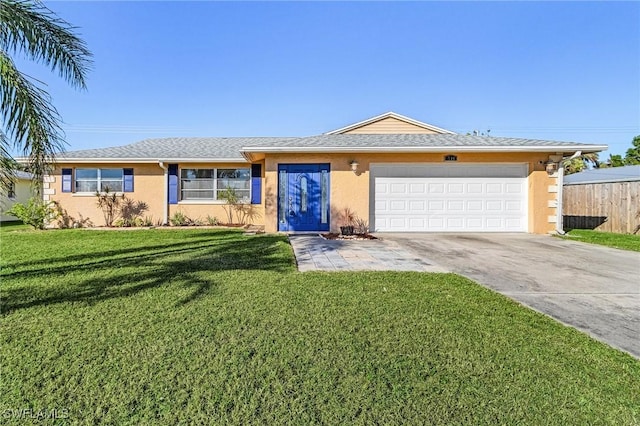 ranch-style house with a front lawn and a garage