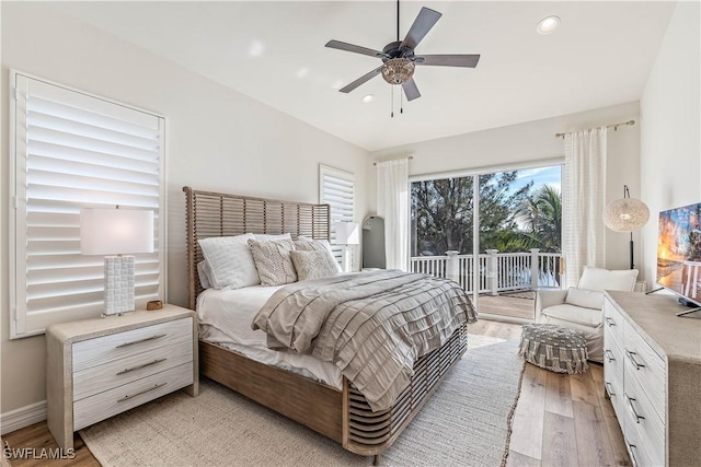 bedroom with ceiling fan, light hardwood / wood-style floors, and access to exterior