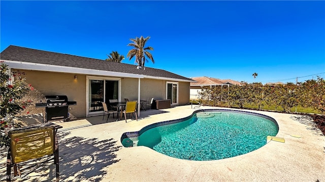 view of swimming pool featuring a patio and grilling area