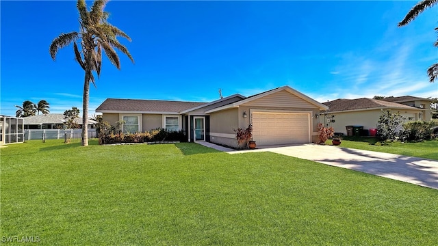 ranch-style home with a front yard and a garage