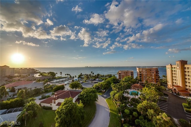 bird's eye view with a water view