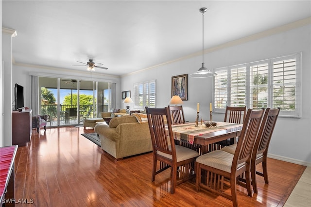 dining space featuring crown molding, ceiling fan, and hardwood / wood-style floors