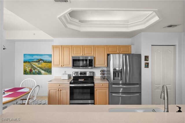 kitchen featuring light brown cabinetry, sink, a raised ceiling, and appliances with stainless steel finishes