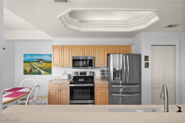 14819 Laguna Dr Unit 203, Fort Myers, FL 33908 - kitchen featuring a tray ceiling, a sink, light countertops, and appliances with stainless steel finishes