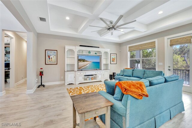 living room featuring ceiling fan, coffered ceiling, beam ceiling, and light hardwood / wood-style flooring