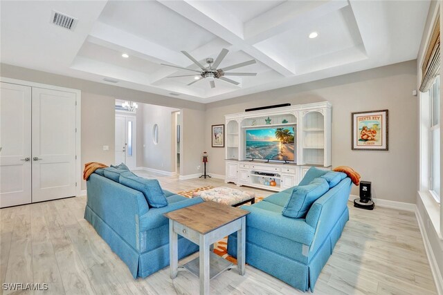 living room with beamed ceiling, coffered ceiling, ceiling fan with notable chandelier, and light hardwood / wood-style flooring