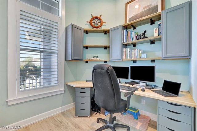 home office featuring built in desk and light wood-type flooring