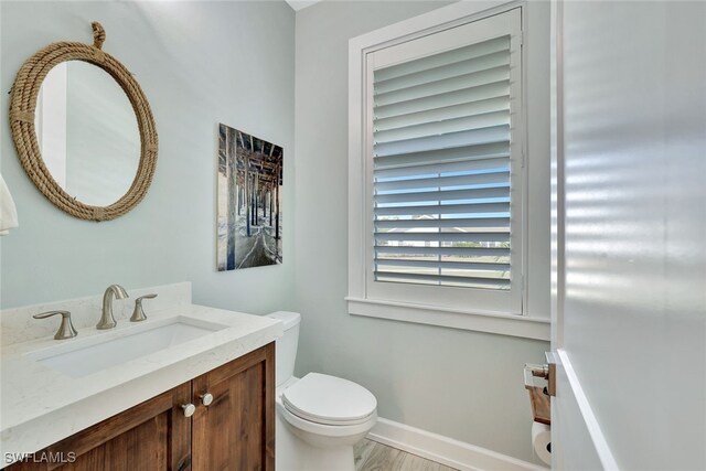 bathroom featuring vanity, toilet, and wood-type flooring