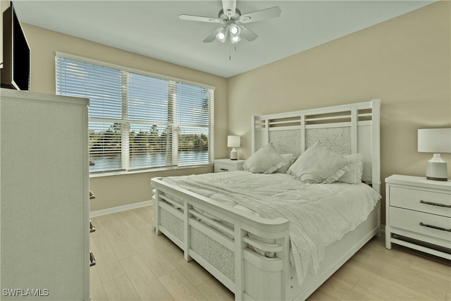 bedroom with ceiling fan and light hardwood / wood-style flooring