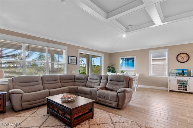 living room featuring coffered ceiling, beam ceiling, crown molding, and light hardwood / wood-style flooring