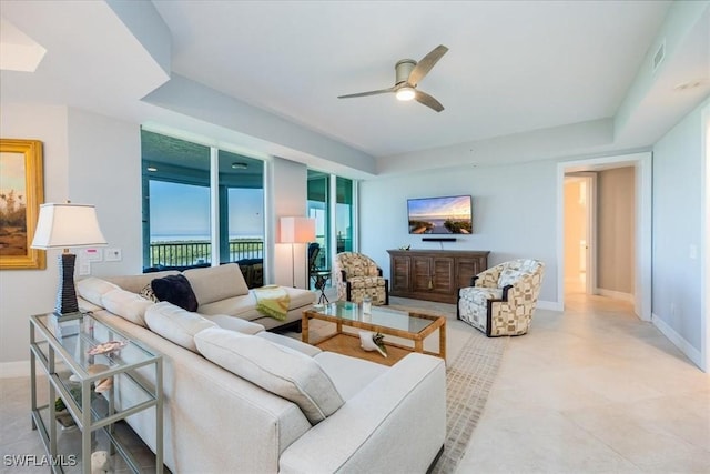 living room featuring ceiling fan