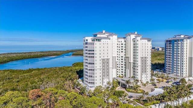 bird's eye view with a water view