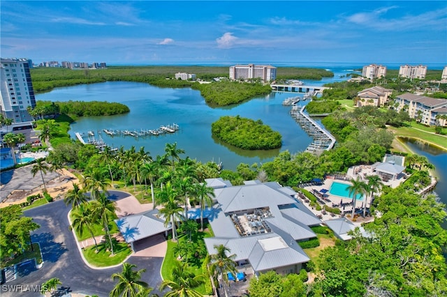 drone / aerial view featuring a water view